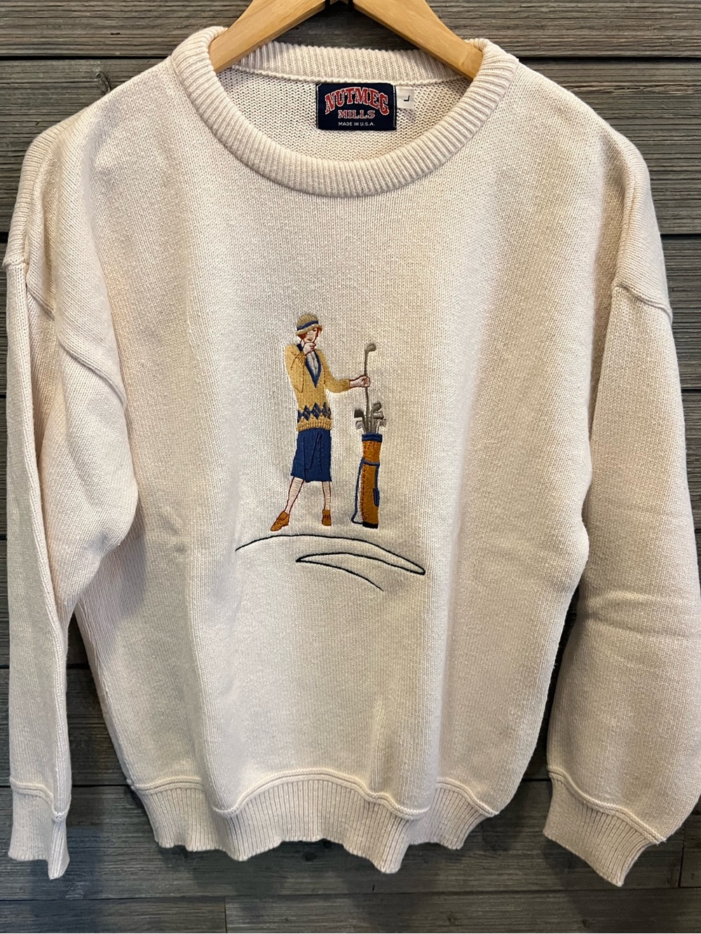 Vintage Nutmeg Mills Cream Embroidered Golf Crewneck Sweater Made in the USA